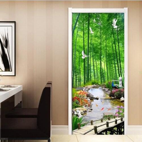 Green Bamboo Forest Painting Door Sticker Home Decor Living Room Kitchen Waterproof PVC Self-Adhesive Door Sticker Wallpaper 3 D