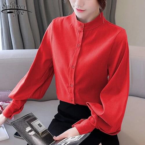 Lantern Long Sleeve Solid Stand Collar Womens Shirt Autumn Women Blouse Silk Satin Single Breasted Elegant Office Lady 11506
