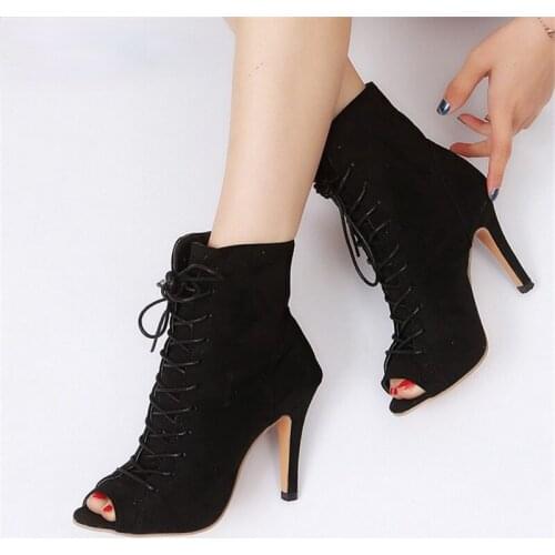 Open Toe High Heel Womens Summer Boots Roman Style Autumn Ankle Boots Lace-Up Suede Fashion High Heel Boots 34-43 Women Boots