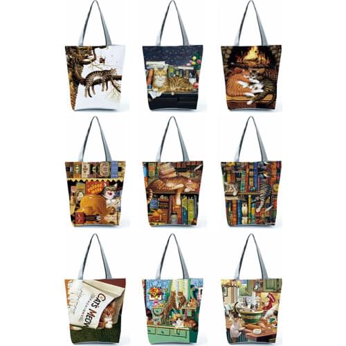 Cat Printed Handbags Womens Designer Tote Bags Lady Polyester Reusable Shopping Bag For Groceries Shoulder Bags Custom Pattern