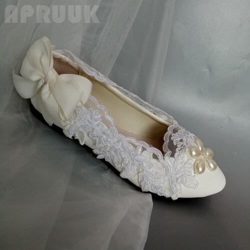 Fashion new arrival 2020 womens lace flats shoes ivory pearls white lace with champagne bow butterfly-knot bridal ladies flats