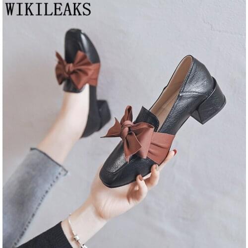 Fashion Harajuku Shoes Loafers Women Block Heels 2020 Mules Shoes Women High Heels Sexy Slip on Leather Shoes Women Big Size 43