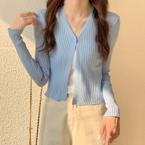 Summer Womens Knitted Cardigan Small Fresh Simple V Neck Solid Color Button Full Sleeves Sweet Casual Slim Blouse Top