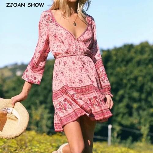 Bohemian Open Buttons Floral Print Long Sleeve Short Dress Hippie Woman Adjustable Lacing up Waist Holiday Dresses BOHO 3 Colors