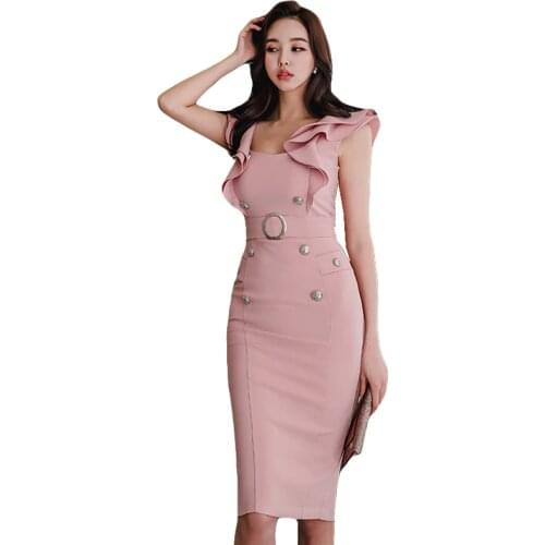 Summer new womens Korean version OL fashion lotus leaf sleeve Slim double breasted long bag hip dress TB18210