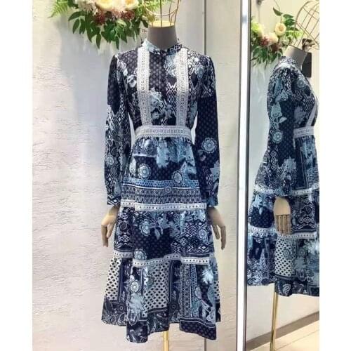 Top Quality Womens Dress 2021 Autumn Winter Ladies White Lace Embroidery Patchwork Long Sleeve Mid-Calf Casual Vintage Dress