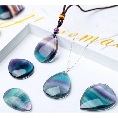 100% Natural Fluorite Water Drop Pendant Green Purple Colorful stone Reiki Healing Crystal Pendulum Rope Silver Clavicle Chain