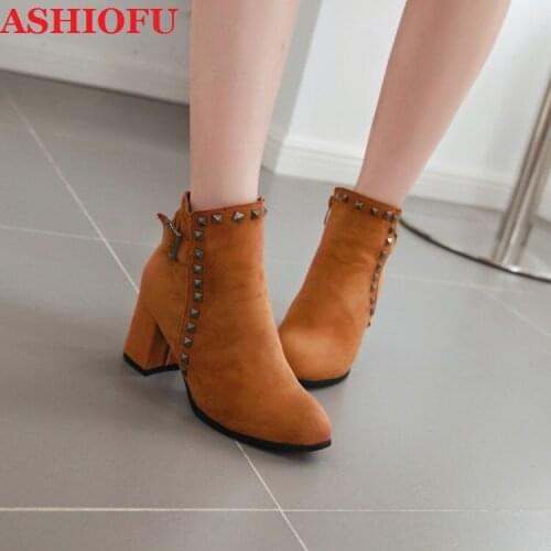 ASHIOFU Hot Sale Ladies Handmade Chunky Heels Boots Rivets Spikes Faux-suede Party Prom Ankle Booties Evening Club Fashion Boots
