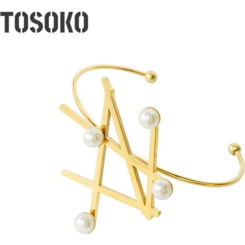 TOSOKO Stainless Steel Jewelry Exaggerated Pearl Bracelet With Irregular Opening Fashion Womens Bracelet BSZ205
