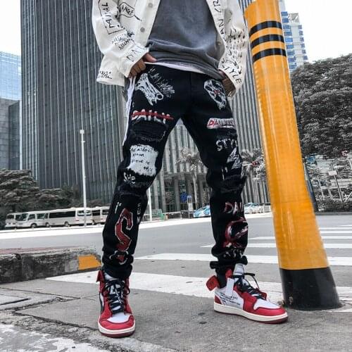 High Street Hole Retro Graffiti Black Skull Jeans Mens Original Straight Slim Punk Pants Calca Masculina Denim Trousers