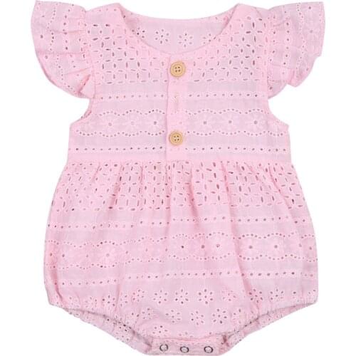 Newborn Baby Girls Fly Sleeve Hollow Out Romper Fashion Solid Color Cotton Romper for Kids Summer Infant Baby Girls Jumpsuits