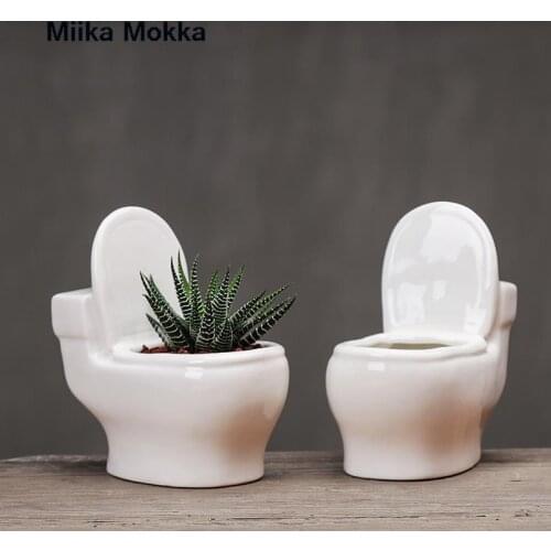 Creative Ceramic Toilet Shaped Flowerpot Simple Succulent Plant Container Green Planters Small Bonsai Pots Home Decoration