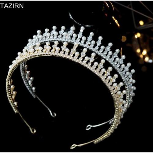 Sweet Wedding Pearl Tiaras Full Cubic Zirconia Princess Crowns CZ Bead Hair Accessories Pageant Headpiece Fine Jewelry