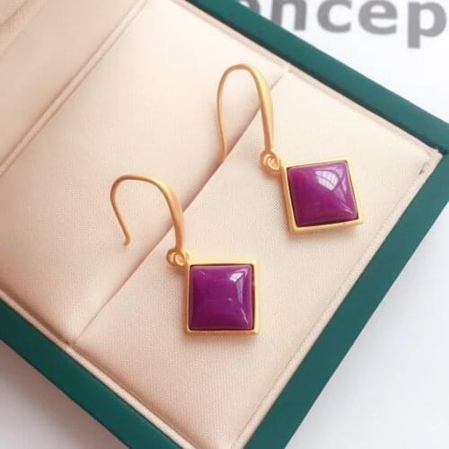 New silver inlaid purple stone geometric Earrings Chinese style retro palace elegant cool charm womens brand jewelry