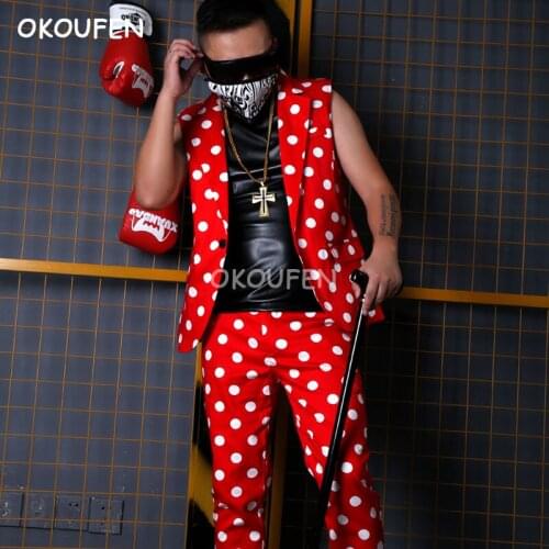 Fashion New Mens Red Dot Suit Vest nightclub singer bar DJ stage DS costume Party show dance clothing set