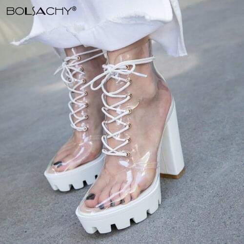 Thick heels Platform Sexy PVC Transparent Boots Women Lace-Up Chunky Heels Shoes Fashion Round Toe 12CM high heels boots Ladies
