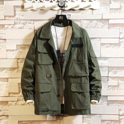 Solid Military Jacket Men Multi-Pocket Cargo Coat Turn-Down Collar Oversized Loose Outwear Streetwear Windbreaker Jacket Men