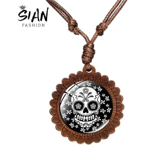 SIAN Fashion Classic Mexican Sugar Skull Necklace Day Of The Dead Skeleton Pendant Wooden Necklace Punk Men Women Jewelry Gifts