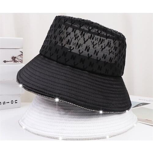 Summer Rhinestone Bucket Hat For Women Net Yarn Solid Color Wide Brim Outdoor Sun Hats Portable Foldable Hats Lady Fashin Caps
