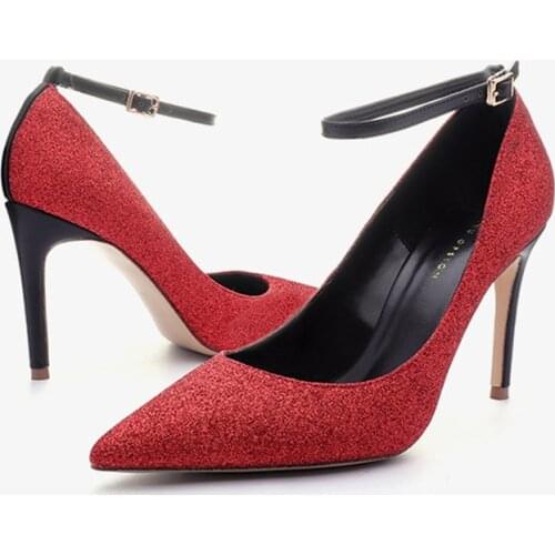 Sexy Pumps Wedding Women Fetish Shoes women pumps Sequined Cloth Buckle Strap 9.5CM Thin High Heels Pointed Toe Shallow red