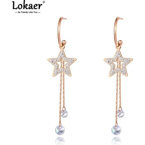 Lokaer Original Design Titanium Steel Sparkling Star Tassel Earrings Trendy CZ Crystal Dangle Earrings For Women Girls E21007