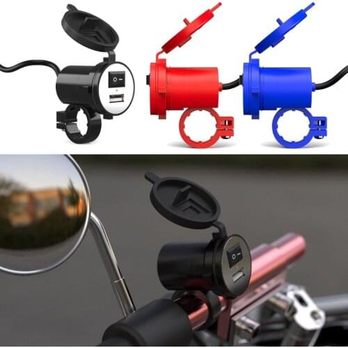 Universal Motorcycle Handlebar USB Charger Rear View Mirror Clamp Power Adapter With Dustproof Cover 12V Cellphone GPS Charger