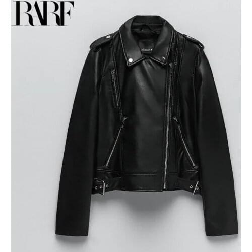 202Womens Spring 2021 Black faux-leather jacket Casual zipper and belt Cycling jacket Casual jacket jacket