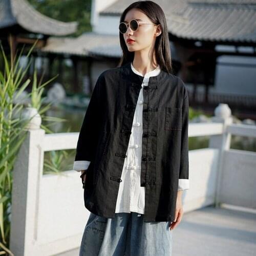 Shanghai Story Womens National Mandarin Collar Frog Chinese Button Cotton Linen Shirt Tops