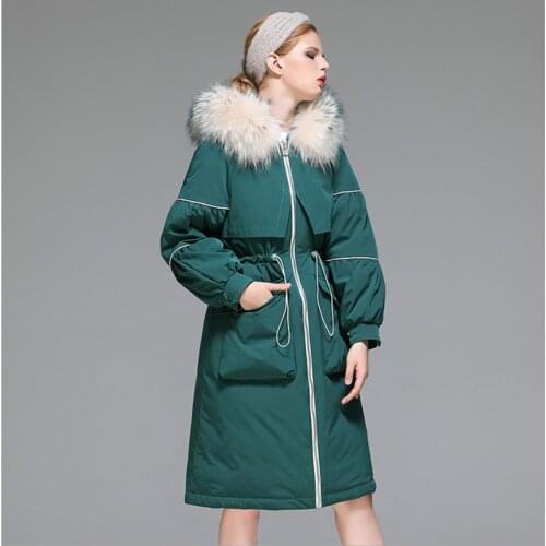 2020 lady new winter white duck down jacket green Fur collar hooded loose thick black jackets Womens mid-length coat long coats