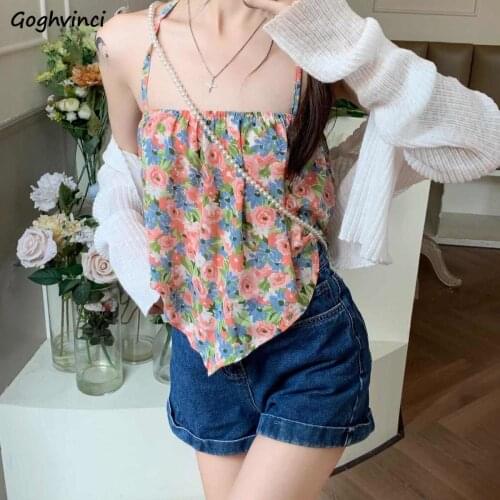 Women Floral Camis Irregular Backless Sexy Fresh Beach-wear Summer Vacation Females Crop Top Sweet Girls Designer Teenagers Chic
