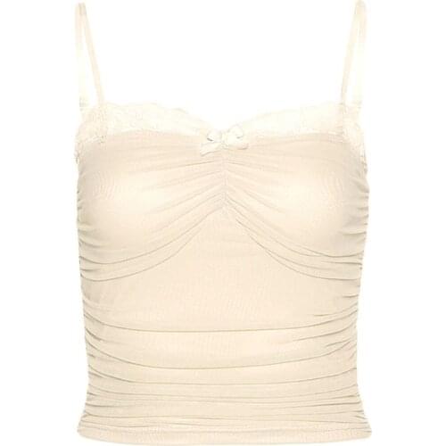 Women Spaghetti Strap Lace Patchwork Crop Top Pleated Mesh Bow Slim Camis Vest