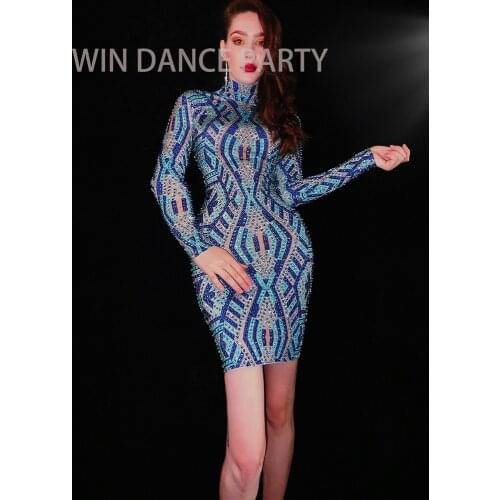 Sparkly Multi-color Rhinestones Sequin High Collar Short Pencil Dress Long Sleeve Birthday Prom Party Dress Women Dance Costume