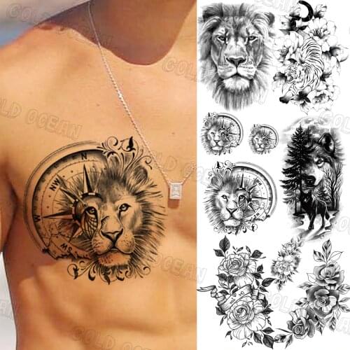 Large Compass Lion Temporary Tattoos For Men Adults Wolf Forest Rose Tiger Fake Tattoo Sticker Water Transfer Chest Tatoos Arm