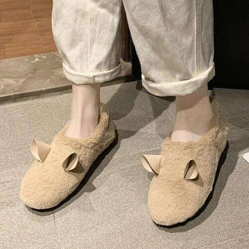 New Cute Flat-bottom Lambswool Fur Net Red Cotton Shoes Womens Winter Plus Velvet Peas Shoes Furry Boots U12-83