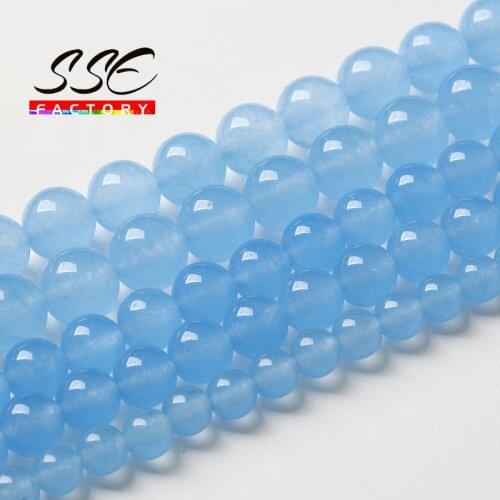 Natural Aquamarine Blue Jade Beads For Jewelry Making Round Loose Beads DIY Bracelet Necklace Accessories 4 6 8 10 12 14mm 15