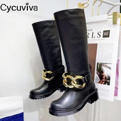 Designer Gold Chain Decor Knee High Boots Women Black Genuine Leather Riding Boots Round Toe Knight Boots British Botas Mujer