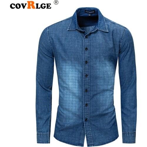 Fredd Marshall Mens Denim Shirt Fashion Checkerboard Long-sleeved Casual Slim Fit Shirts 100% Cotton Male Streetwear MCL298