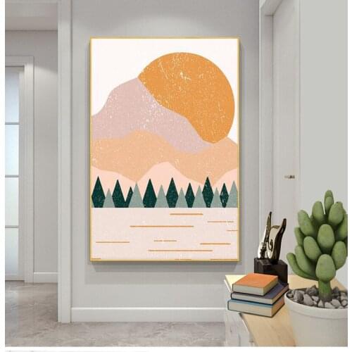 Minimalist Abstract Burnt Orange Mountain Sunset Art Canvas Painting Vintage Inspired Medieval Poster Bohemian Print Decoration