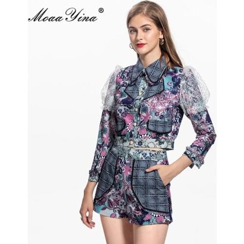MoaaYina Autumn Runway Fashion Two Pieces Shorts Sets Womens Long sleeve Floral print Shirt Tops and Shorts Suit