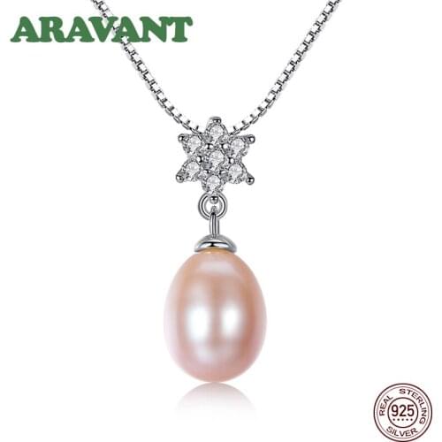 Real 925 Sterling Silver Pendant Necklaces 8MM Natural Freshwater Pearl Jewelry For Women 3 Colors Pearl Pendant Necklaces