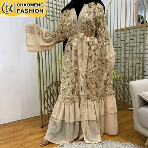 New Design Women Abaya Gold Tassel Sequins Kimono Islamic Cardigan Fashion Chiffon Fabric Modest Wear Dubai Turkey Clothing