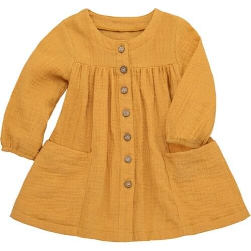 Girls Dress Spring Autumn Cardigan Clothes Long Sleeve O-Neck Girls Solid Color Cotton Linen Girl Dresses For Kids 1-6 Years Old