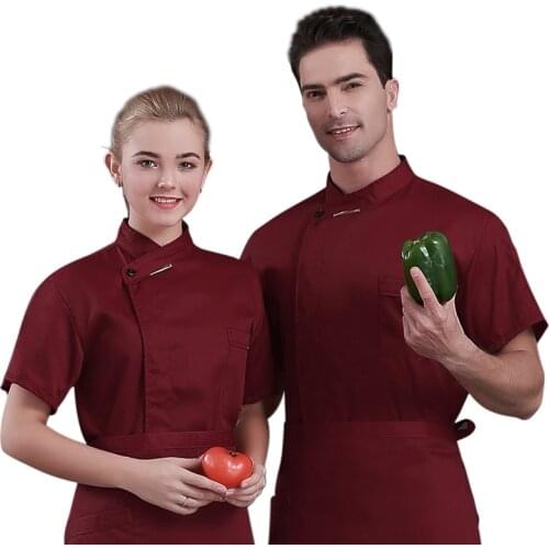 Cook Jacket Short Sleeve Chef Costume Work Uniform Oblique Collar Chef Coat Kitchen Catering Clothes Unisex Restaurant Service