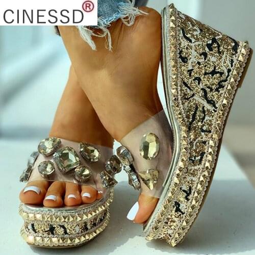 Luxury Women Slippers Rhinestone Platform Wedges Heel Rivet Peep Toe SummerFashion Slides Casual Ladies Shoes Zapatos De Mujer