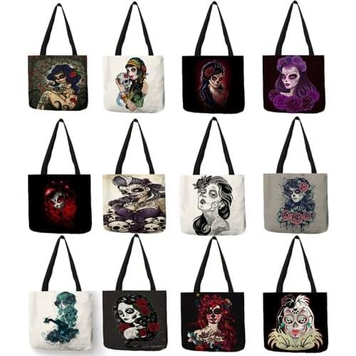 Creative Design Tote Bags Women Flowered Tatoo Girl with Skull Handbag Eco Linen Casual Portable Decor Shoulder Bag for Ladies