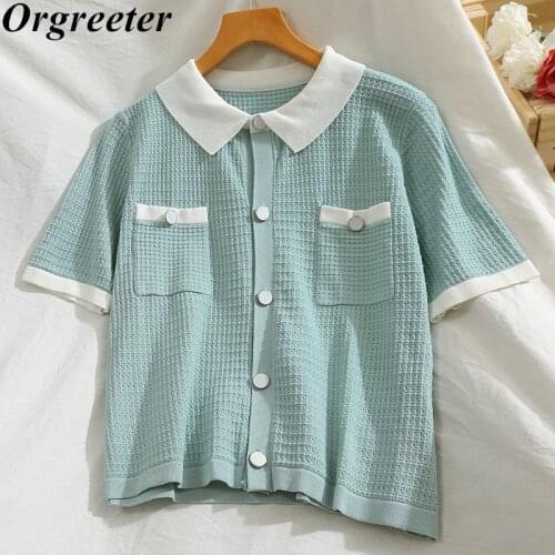 Short-sleeved Sweater Cardigan Female Korean Autumn New Temperament Single-breasted Contrast Color Lapel Knitted Base Tops