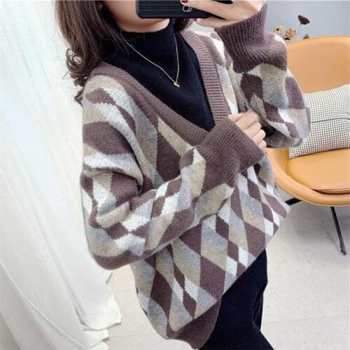 2020 Autumn and Winter Half High Neck Fake Two-piece Age-reducing Sweater Womens Pullover Loose Retro Diamond Base Sweater