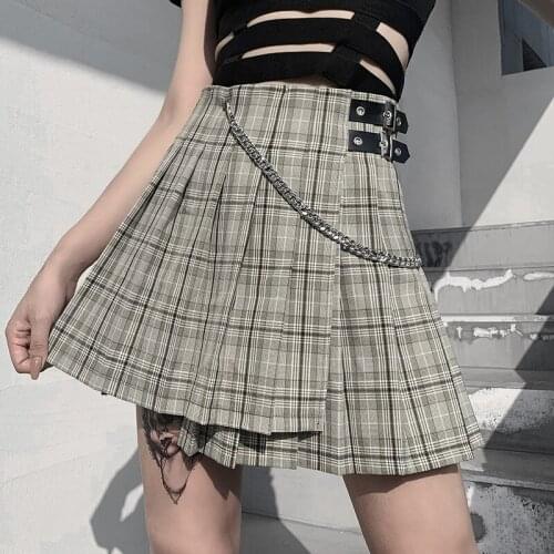 High Waist Green Plaid Irregular Prep Style A Line Pleated Mini Skirt With Chain Women Vintage Party Club Gothic Bodycon Skirt
