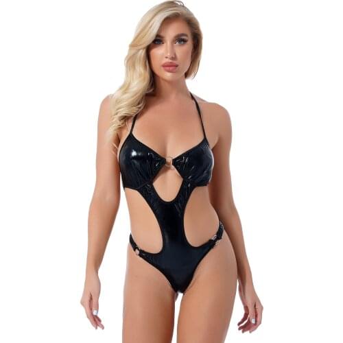 Women Glossy Halter Lace-up Cutout Bodysuit Nightclub Stage Show Costume Wet Look One-piece Lingerie Jumpsuit Sissy Clubwear
