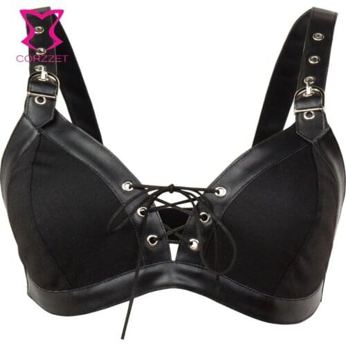 Black Rock Punk Leather Rivet Button Bras bustier Crop Top Gothic Sexy Push Up Night Dance Party Clubwear Bralette Bra For Women